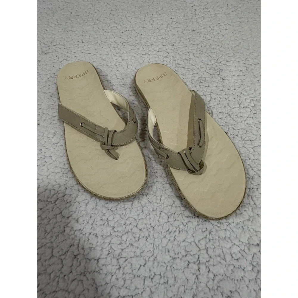 Sperry Womens 12 Tan Leather Flip Flop Thong Sandals Coastal Summer Casual Boho